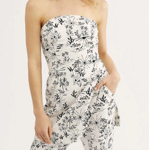 Free People Linen Blend Tunic Top L This is Love Smocked Bow Strapless Tropical